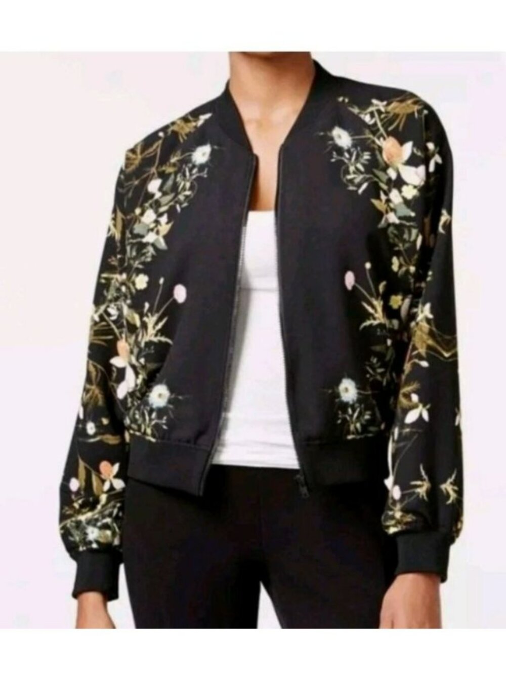 Rachel Roy Black Bomber Jacket With Floral Print Zip Closure Medium Womens